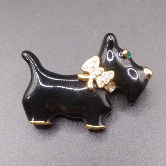 Vintage Black Enamel Rhinestone Scottie Dog Brooch - Picture 1 of 4